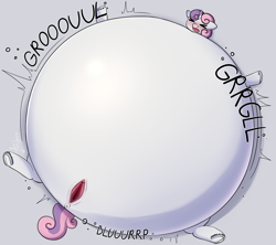 Size: 4500x4000 | Tagged: explicit, artist:ariburin, sweetie belle, ><, anus, belly, big belly, blushing, eyes closed, female, filly, filly pred, filly prey, foal, foalcon, frog (hoof), g4, genitals, horn, huge belly, imported from derpibooru, impossibly large belly, inflation, nudity, onomatopoeia, open mouth, ponut, pony, spherical inflation, stomach noise, underhoof, unicorn, vagina, vore, vulva