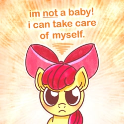 Size: 2228x2228 | Tagged: safe, artist:bommitball, apple bloom, abstract background, alternate version, applebloom, blushing, bow, earth pony, female, filly, foal, frown, g4, glare, hair bow, imported from derpibooru, looking at you, orange background, outline, pink bow, pony, simple background, solo, text, upper body, white outline