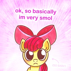 Size: 2228x2228 | Tagged: safe, artist:bommitball, apple bloom, abstract background, applebloom, arrow, blushing, bow, earth pony, female, filly, foal, frown, g4, hair bow, imported from derpibooru, looking at you, outline, pink bow, pony, purple background, simple background, smol, solo, text, upper body, white outline