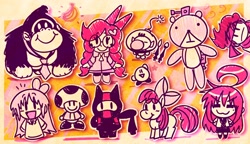 Size: 3540x2038 | Tagged: safe, artist:bommitball, apple bloom, :3, :d, applebloom, banana, beady eyes, beartank, bow, clancy (twenty one pilots), closed mouth, donkey kong, donkey kong (series), earth pony, female, filly, fire emblem, foal, food, g4, hair bow, hakase shinonome, imported from derpibooru, izumi konata, kirby, kirby (series), lucky star, nichijou, olimar, open mouth, open smile, orange background, outline, outside border, passepartout, penny crygor, pikmin, pikmin (series), pony, rakuga kids, roy (fire emblem), simple background, smiling, super mario, toad (mario), twenty one pilots, warioware, white outline