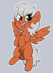 Size: 1604x2184 | Tagged: explicit, artist:heretichesh, oc, oc:sun crush, balls, casual nudity, colt, foal, foalcon, genitals, green eyes, imported from derpibooru, male, nudity, open mouth, orange coat, sheath, spread wings, white mane, wings