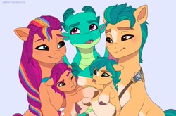 Size: 2781x1838 | Tagged: safe, artist:zephyrcrocus, oc, colt, dragon, earth pony, eyeroll, female, filly, foal, g5, hitch trailblazer, imported from derpibooru, looking at each other, looking at someone, male, offspring, parent:hitch trailblazer, parent:sunny starscout, parents:starblazer, pony, ship:starblazer, shipping, simple background, sparky sparkeroni, straight, sunny starscout, teenaged dragon