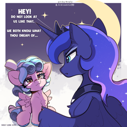 Size: 3865x3865 | Tagged: safe, artist:nnaly, artist:sirbreadstick99, princess luna, series:nnaly's daily luna, alicorn, blue hooves, cheek fluff, chest fluff, collaboration, colored hooves, cozy glow, duo, duo female, ear fluff, female, filly, foal, g4, hooves, imported from derpibooru, lidded eyes, looking at each other, looking at someone, mare, outline, pegasus, pony, sitting, smug