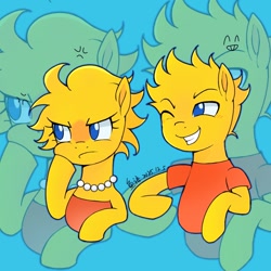 Size: 1080x1080 | Tagged: safe, artist:sifenglanyan, artist name, bart simpson, brother and sister, clothes, colt, cropped torso, cross-popping veins, dated, earth pony, emanata, female, filly, foal, frown, grin, imported from derpibooru, lisa simpson, male, one eye closed, ponified, pony, red dress, red shirt, short sleeves, siblings, smiling, text, the simpsons, zoom layer