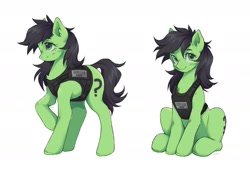 Size: 2669x1823 | Tagged: safe, artist:g4bby, oc, oc:filly anon, blushing, bulletproof vest, chest fluff, clothes, earth pony, female, filly, foal, full body, imported from derpibooru, looking at you, multiple views, pony, simple background, sitting, standing, vest, white background