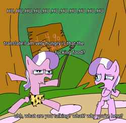Size: 990x966 | Tagged: safe, artist:liliana-adbul45, diamond tiara, bipedal, dialogue, dt, duo, duo female, female, filly, foal, g4, imported from derpibooru, looking at someone, open mouth, outdoors, self paradox, self ponidox, taman negara, tongue out, tree, vulgar