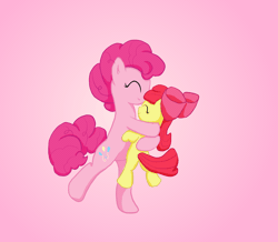 Size: 2848x2480 | Tagged: safe, artist:littletinybit, apple bloom, pinkie pie, adorabloom, animated, applebloom, cute, diapinkes, duo, duo female, earth pony, eyes closed, female, filly, foal, g4, gif, gradient background, hug, imported from derpibooru, mare, pony, smiling, standing, standing on one leg, twirl