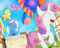 Size: 1748x1400 | Tagged: safe, artist:hehehahahoofs, sweetie belle, ^^, abuse, balloon, balloon popping, blush lines, blushing, clueless, derpibooru exclusive, duo, duo female, evil, eyebrows, eyebrows visible through hair, eyes closed, female, filly, foal, g4, glowing, glowing horn, happy, hooves together, horn, imminent popping, imported from derpibooru, low angle, magic, mare, open mouth, open smile, outdoors, pony, ponyville, popping, pure unfiltered evil, smiling, sweetiebuse, this will end in tears, thumb tack, triple anniversary, trixie, unicorn, walking
