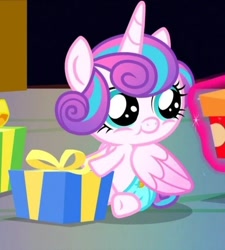 Size: 564x626 | Tagged: safe, princess flurry heart, a flurry of emotions, alicorn, baby, baby alicorn, baby flurry heart, baby pony, cloth diaper, cropped, cute, cute baby, cute eyes, cute smile, diaper, dilated pupils, foal, folded wings, g4, grin, implied twilight sparkle, imported from derpibooru, looking over, magic, my little pony: friendship is magic, newborn foal, pony, present, safety pin, screencap, sitting, smiling, solo, telekinesis, wings