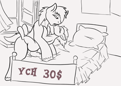 Size: 1754x1240 | Tagged: explicit, artist:bun_burst, advertisement, age difference, bed, bedroom, belly to belly, commission, cum, duo, duo male and female, eyes closed, female, filly, foal, foalcon, french kiss, height difference, imported from derpibooru, kissing, male, pillow, pony, stallion, stallion on filly, straight, your character here