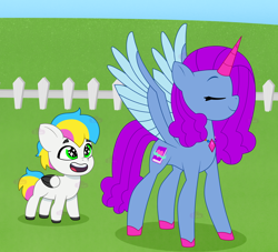 Size: 2200x2000 | Tagged: safe, artist:eiramuses, oc, oc:gadget lightwing, oc:orchid lightwing, alicorn, alternate version, derpibooru exclusive, duo, female, fence, field, filly, foal, g5, gadgetbetes, implied changedling, implied changeling, implied robot, implied robot pony, imported from derpibooru, male, my little pony: tell your tale, oc only, orchidcorn, pegasus, pony, tell your tale style, watermark