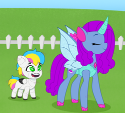 Size: 2200x2000 | Tagged: safe, artist:eiramuses, oc, oc:gadget lightwing, oc:orchid lightwing, changedling, changeling, derpibooru exclusive, duo, female, fence, field, filly, g5, gadgetbetes, imported from derpibooru, male, my little pony: tell your tale, oc only, pegasus, pony, robot, robot pony, tell your tale style, watermark