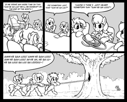 Size: 1500x1200 | Tagged: safe, artist:darkdoomer, oc, oc:filly anon, 4chan, ahh ke gaa luuu, bankruptcy, bipedal, black and white, comic, computer, female, filly, foal, g4, grayscale, group, imported from derpibooru, laptop computer, lyra heartstrings, mare, meeting, monochrome, perry bible fellowship, presentation, pulling, rainbowshine, reference, rope, singing, sitting, tree