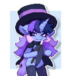 Size: 900x960 | Tagged: safe, artist:thejunebug, oc:flawless sparklemoon, :3, animated, animated png, belly, belly button, clothes, digital art, drop shadow, female, fusion, fusion:trixie, fusion:twilight sparkle, fusion:twixie, hat, hoof hold, horn, legwear, leotard, looking at you, magic wand, magician outfit, mare, oc, oc only, outline, passepartout, pixel art, semi-anthro, sexy, simple background, slapping, solo, stupid sexy flawless, tamers12345, thigh highs, top hat, unicorn