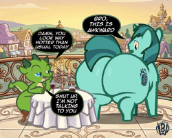 Size: 1280x1024 | Tagged: suggestive, artist:bonguitoweon, oc, alcohol, animated, balcony, bedroom eyes, blatant lies, bottom heavy, butt, casual nudity, date, dialogue, dragon, drink, dubious consent, duo, duo male, eyes on the prize, foalcon, gay, gif, glass, horn, huge butt, imported from derpibooru, large butt, looking back, male, males only, oc only, open mouth, outdoors, plot, pony, sitting, speech bubble, stool, table, the ass was fat, thighs, thunder thighs, twerking, unicorn, wine, wine glass