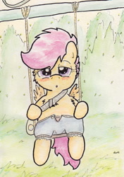 Size: 722x1025 | Tagged: suggestive, artist:slightlyshade, scootaloo, blushing, clothes, female, filly, foal, foalcon, g4, imported from derpibooru, panties, pegasus, pony, saddle bag, shorts, solo, solo female, swing, traditional art, underwear
