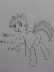 Size: 1536x2048 | Tagged: suggestive, artist:subimaru_kai, oc, oc:snowy, blank flank, butt, colt, dock, foal, foalcon, implied father, implied father and son, implied incest, implied stallion, implied stallion on colt, imported from derpibooru, male, monochrome, oc only, plot, smiling, solo, solo male