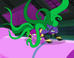 Size: 1500x1173 | Tagged: suggestive, spike, bedroom eyes, dragon, edit, edited screencap, eyes on the prize, female, foalcon, g4, hundreds of users filter this tag, imported from derpibooru, male, mane-iac, on back, on top, screencap, ship:spike-iac, shipping, show accurate, show accurate porn, straight
