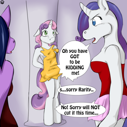 Size: 1000x1000 | Tagged: suggestive, artist:candiipup, rarity, sweetie belle, twilight sparkle, comic:rarity's troublemaker, anthro, armpits, breasts, clothes, comic, dickgirl, female, floppy ears, foalcon, futa, futa twilight sparkle, g4, imported from derpibooru, intersex, torn clothes, trio, twilight is a foal fiddler, unicorn, unicorn twilight