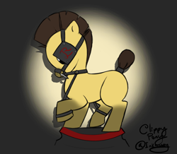 Size: 1596x1390 | Tagged: semi-grimdark, suggestive, artist:clippypony, oc, oc:clippy, bdsm, blank flank, blinders, bondage, bound, foalcon, imported from derpibooru, oc only, restrained, solo