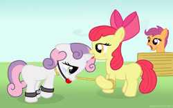 Size: 3200x2000 | Tagged: suggestive, artist:greaterlimit, apple bloom, scootaloo, sweetie belle, ballgag, blank flank, bondage, chains, cloud, crying, cuffs, cutie mark crusaders, drool, earth pony, female, filly, foal, foalcon, g4, gag, hay bale, high res, hobbled, horn, hornjob, imported from derpibooru, leash, lesbian, nosebleed, pegasus, pony, rope, simple background, unicorn