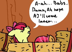 Size: 859x630 | Tagged: suggestive, artist:6etelgeuse, apple bloom, babs seed, applecest, barn, bow, censored, cousin incest, cousins, derpibooru exclusive, duo, duo female, earth pony, eyes closed, female, filly, floppy ears, foal, foalcon, g4, hair bow, hay bale, implied cunnilingus, implied oral, implied sex, imported from derpibooru, incest, lesbian, pony, ship:appleseed, shipping, speech bubble, text