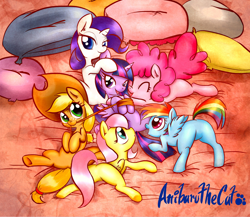 Size: 1182x1024 | Tagged: suggestive, artist:anibaruthecat, applejack, fluttershy, pinkie pie, rainbow dash, rarity, twilight sparkle, :o, alicorn, ass up, bed, bedroom eyes, butt, cute, edit, eyes closed, face down ass up, featureless crotch, female, filly, foal, foalcon, g4, hug, imported from derpibooru, lesbian, mane six, mare, mouth hold, on back, open mouth, pillow, plot, pony, presenting, prone, ship:rarilight, ship:twidash, ship:twijack, ship:twinkie, ship:twishy, shipping, smiling, underhoof