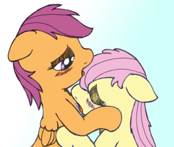 Size: 1970x1662 | Tagged: suggestive, artist:an-tonio, artist:lord waite, fluttershy, scootaloo, blushing, colored, edit, female, foalcon, g4, imported from derpibooru, lesbian, licking, mare on filly, scootashy, shipping
