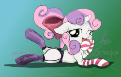Size: 1118x715 | Tagged: suggestive, artist:darkponyfantasies, artist:lord waite, sweetie belle, bow, butt, clothes, fanart, female, filly, fishnet stockings, foal, foalcon, g4, garter belt, hooves, imported from derpibooru, legwear, lingerie, panties, plot, pony, socks, solo, solo female, striped socks, tail wrap, thigh highs, underwear, unicorn
