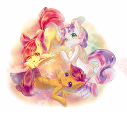 Size: 3543x3189 | Tagged: suggestive, artist:murasaki-to, apple bloom, scootaloo, sweetie belle, bipedal, butt, clothes, cutie mark crusaders, earth pony, female, foalcon, g4, high res, imported from derpibooru, incorrect leg anatomy, pegasus, pixiv, pony, semi-anthro, socks, unicorn