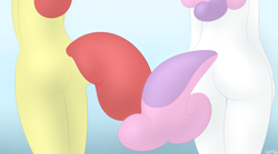 Size: 1830x1019 | Tagged: suggestive, artist:lamia, apple bloom, sweetie belle, anthro, ass, butt, curvy, earth pony, female, foalcon, g4, imported from derpibooru, nudity, the ass was fat