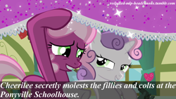 Size: 1280x720 | Tagged: suggestive, sweetie belle, caption, cheerilee, earth pony, edit, edited screencap, female, filly, foal, foalcon, g4, headcanon, implied sex, imported from derpibooru, looking at each other, mare, meta, molestation, personal space invasion, pony, redpilled-mlp-headcanons, screencap, unicorn