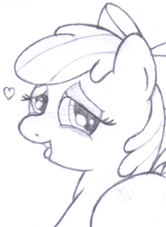 Size: 1022x1399 | Tagged: suggestive, artist:an-tonio, apple bloom, blushing, female, foalcon, g4, heart, imported from derpibooru, monochrome, solo, traditional art