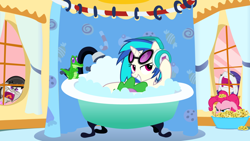 Size: 1500x844 | Tagged: suggestive, pinkie pie, rarity, spike, bath, bathtub, bubble bath, claw foot bathtub, dj pon-3, earth pony, female, foalcon, g4, gummy, hundreds of users filter this tag, implied cunnilingus, implied oral, implied sex, imported from derpibooru, jealous, male, mare, octavia melody, pony, ship:vinylspike, shipping, show accurate, show accurate porn, straight, under the surface, unicorn, vinyl scratch, yelling