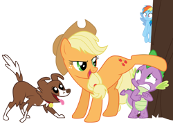 Size: 1510x1080 | Tagged: suggestive, applejack, rainbow dash, spike, dragon, eyes on the prize, foalcon, g4, hundreds of users filter this tag, imported from derpibooru, raised leg, reacting to nudity, show accurate, show accurate porn, winona