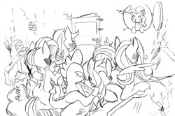 Size: 1024x680 | Tagged: suggestive, artist:bylisboa, applejack, fluttershy, pinkie pie, rainbow dash, rarity, spike, series:busted, age difference, bisexual, blushing, caught, door, dragon, earth pony, female, foalcon, g4, implied fivesome, implied group sex, implied sex, imported from derpibooru, lesbian, male, mare, monochrome, orgy, pegasus, polyamory, pony, ship:applespike, ship:applespikedash, ship:flutterdash, ship:flutterspike, ship:rainbowspike, ship:rarijack, ship:sparijack, ship:sparity, shipping, spike gets all the mares, straight, sweat, unicorn