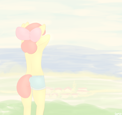 Size: 1800x1700 | Tagged: suggestive, artist:lamia, apple bloom, anthro, beach, clothes, earth pony, female, filly, foal, foalcon, g4, imported from derpibooru, jeans, morning, ponyville, shorts, solo, solo female, tail, tail hole, topless