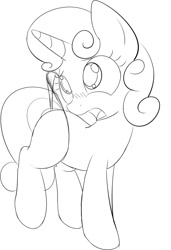 Size: 692x1010 | Tagged: suggestive, artist:mcsadat, sweetie belle, blushing, clothes, female, filly, foal, foalcon, g4, horn, imported from derpibooru, lineart, monochrome, panties, pony, solo, solo female, thong, underwear, unicorn
