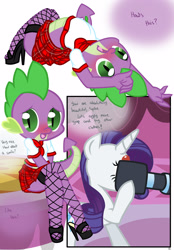 Size: 1741x2500 | Tagged: suggestive, artist:pyruvate, rarity, spike, comic:dragon queen, age difference, clothes, comic, crossdressing, cute, dragon, duo, duo male and female, female, femboy, femboy spike, fishnet clothing, fishnet stockings, foalcon, g4, horn, imported from derpibooru, legwear, male, midriff, photography, pony, schoolgirl, ship:sparity, shipping, sissy, spikabetes, stockings, straight, stupid sexy spike, thigh highs, unicorn, wingless spike