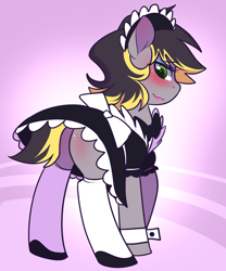 Size: 750x900 | Tagged: safe, artist:senseidezzy, oc, oc:aero, blushing, bowtie, butt, butt blush, clothes, colt, crossdressing, foal, foalcon, g4, gradient background, imported from derpibooru, legwear, lipstick, looking back, maid, maid headdress, male, mare, oc only, pegasus, plot, pony, solo, stallion, thigh highs, wavy mouth