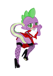 Size: 1741x2500 | Tagged: suggestive, artist:pyruvate, artist:reduxdrawer8k, spike, comic:dragon queen, blushing, clothes, crossdressing, dragon, edit, featureless crotch, femboy, femboy spike, fishnet stockings, foalcon, g4, high heels, imported from derpibooru, legwear, male, school uniform, schoolgirl, simple background, sissy, skirt, solo, solo male, stockings, stupid sexy spike, thigh highs, transparent background, upskirt, wingless spike