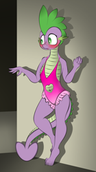 Size: 1451x2586 | Tagged: suggestive, artist:v-d-k, spike, anthro, belly button, blushing, crossdressing, dragon, femboy, femboy spike, foalcon, g4, girly, imported from derpibooru, leotard, male, older spike, pink leotard, solo, solo male, teenage spike, teenaged dragon, teenager