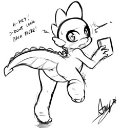 Size: 517x542 | Tagged: suggestive, artist:starykrow, spike, anus, blushing, butt, cute, cute porn, dragon, dragonbutt, foalcon, g4, imported from derpibooru, male, monochrome, nudity, simplistic anus, solo, solo male