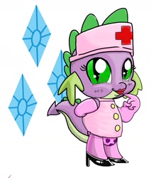 Size: 1309x1536 | Tagged: suggestive, spike, artist needed, clothes, crossdressing, dragon, foalcon, g4, gloves, high heels, imported from derpibooru, legwear, lipstick, male, nurse, panties, solo, solo male, stockings, thigh highs, underwear