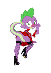 Size: 1741x2500 | Tagged: suggestive, artist:pyruvate, spike, comic:dragon queen, blushing, clothes, crossdressing, dragon, edit, featureless crotch, femboy, femboy spike, fishnet stockings, foalcon, g4, high heels, imported from derpibooru, legwear, male, school uniform, schoolgirl, simple background, sissy, skirt, solo, solo male, stockings, stupid sexy spike, thigh highs, transparent background, upskirt, wingless spike