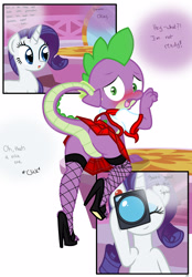 Size: 1741x2500 | Tagged: suggestive, artist:pyruvate, rarity, spike, comic:dragon queen, blushing, camera, clothes, comic, crossdressing, dialogue, dragon, duo, duo male and female, featureless crotch, female, fishnet stockings, foalcon, g4, high heels, horn, imported from derpibooru, legwear, male, pony, schoolgirl, sissy, skirt, stockings, straight, thigh highs, unicorn, upskirt, wingless spike