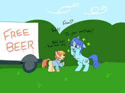 Size: 3840x2860 | Tagged: semi-grimdark, artist:neumaghanon, oc, oc:aimless, oc:colorful script, blank flank, blue coat, blue mane, clothes, cloud, devious, duo, earth pony, excited, female, filly, foal, foalcon, foaldom, grass, grass field, high res, horn, implied foalcon, imported from derpibooru, male, moments before disaster, oc only, orange coat, orange mane, outdoors, pony, purple eyes, reverse foalcon, role reversal, smiling, sparkles, stallion, sweater, unicorn, van