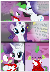 Size: 1741x2500 | Tagged: safe, artist:pyruvate, rarity, spike, comic:dragon queen, age difference, comic, crossdressing, cute, dragon, duo, duo male and female, female, femboy, femboy spike, foalcon, g4, horn, imported from derpibooru, male, pony, ship:sparity, shipping, sissy, spikabetes, straight, unicorn, wingless spike