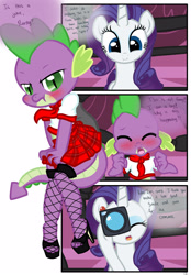 Size: 1741x2500 | Tagged: suggestive, artist:pyruvate, rarity, spike, comic:dragon queen, blushing, camera, clothes, comic, crossdressing, dialogue, dragon, duo, duo male and female, embarrassed, female, femboy spike, fishnet stockings, foalcon, g4, high heels, horn, imported from derpibooru, legwear, male, pony, schoolgirl, sissy, skirt, smiling, stockings, stupid sexy spike, thigh highs, unicorn, wingless spike
