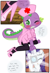 Size: 1741x2500 | Tagged: suggestive, artist:pyruvate, rarity, spike, comic:dragon queen, blushing, camera, clothes, comic, crossdressing, dialogue, dragon, duo, duo male and female, embarrassed, female, femboy, femboy spike, foalcon, g4, happy, high heels, horn, imported from derpibooru, legwear, male, nurse, nurse spike, pony, sissy, stockings, stupid sexy spike, thigh highs, tripping, unicorn, wingless spike